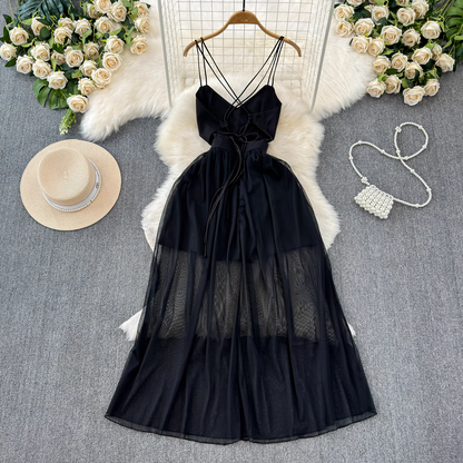 - Black A-line V Neck Tulle Dress GEU1042