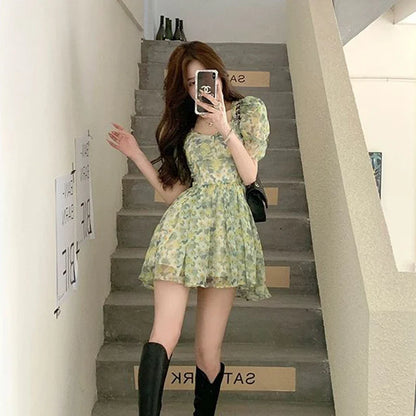 vmtvr Summer High Waist Dress Women Korean Fashion Floral Casual Mini Dresses Y2K Female Elegant Puff Sleeve A Line Dress