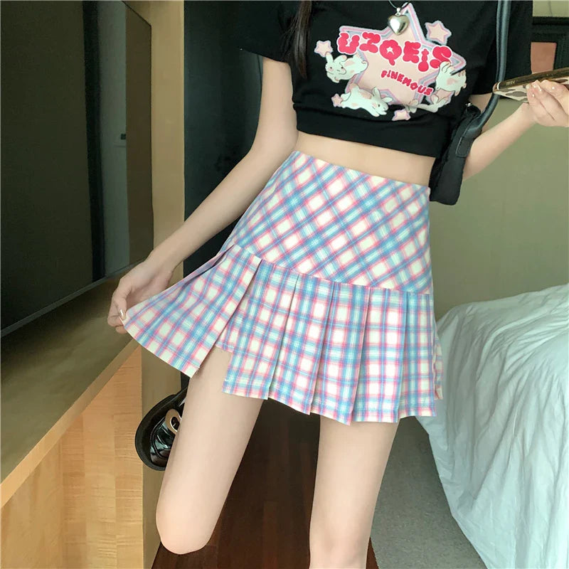 vmtvr Summer Women Plaid Skirt Fashion Streetwear Sexy Split Mini Skirts Korean High Waist Female Casual Pleated Skirts New