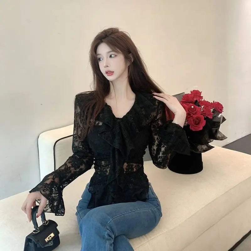 vmtvr Women Fashion Pullover Shirt Korean Casual Streetwear Sexy Hollow Out Tops Summer Female Lace Ruffle Long Sleeve T Shirts