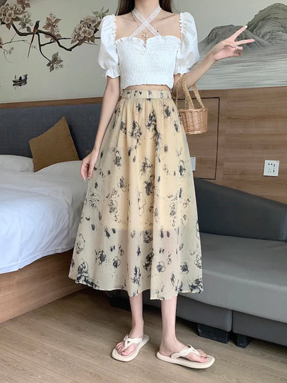 vmtvr Vintage Print Floral Women Skirts Elastic High Waist Elegant A Line Ladies Midi Skirts Summer Korean Casual White Skirt