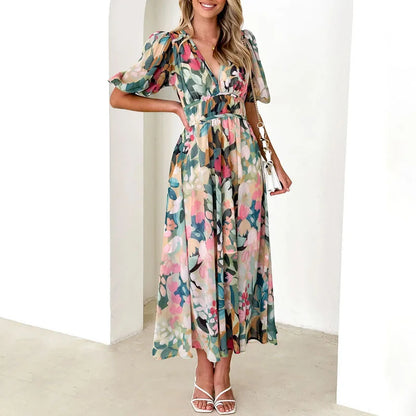 vmtvr  -  Summer Casual Puff Sleeve Party Dress Women Fashion Pattern Print Pleated Long Dress Elegant V-neck Hight Waist Boho Maxi Dress