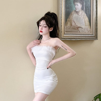 White Mini Dress Women Backless Sexy Short Party Club Pencil Dress Female Tight Sleeveless Strapless Bodycon Dress Summer