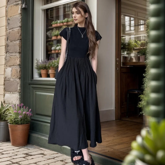 vmtvr  -  Long Dresses Womens Dresses New in Black Dress Summer Stitching Short Sleeve Round Neck Waist Slim Long Skirt High-End Women