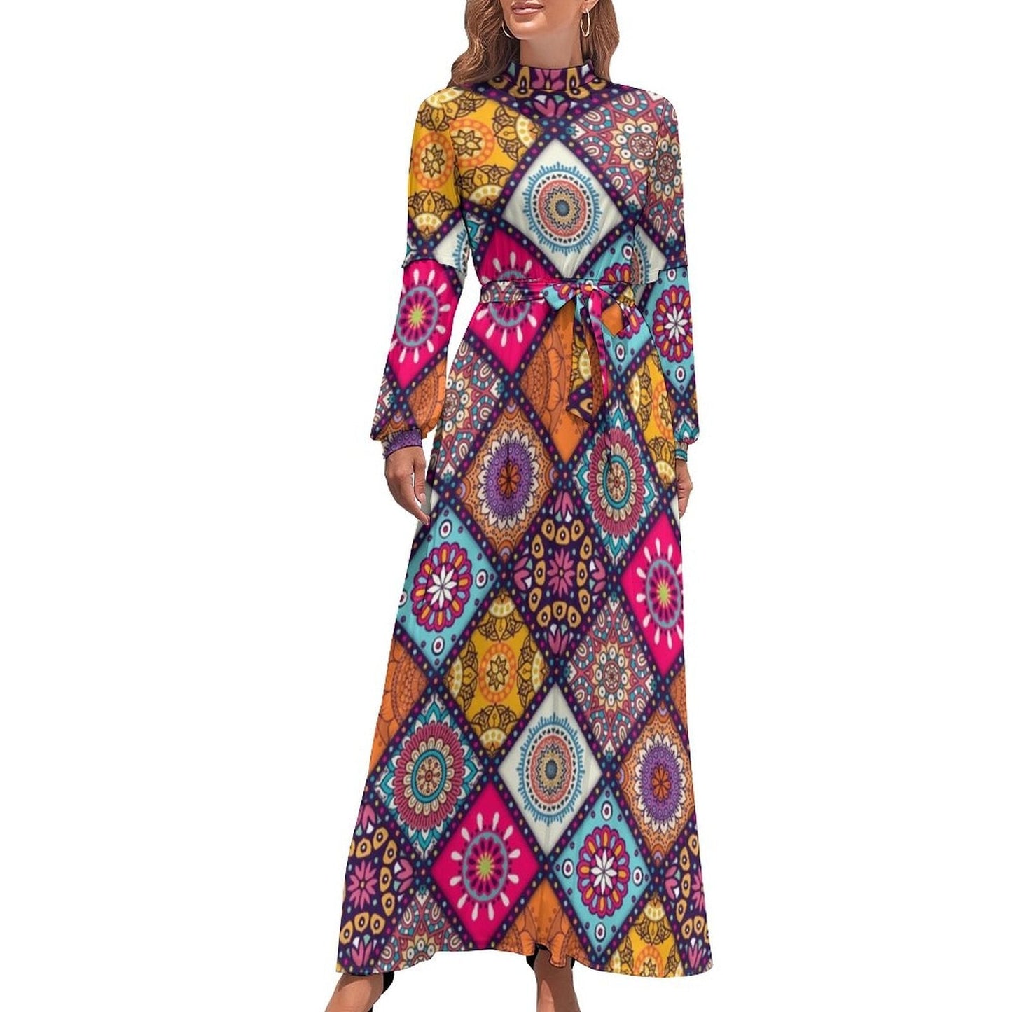 vmtvr - Ethnic Bohemia Dress Retro Floral Print Basic Beach Dresses Female Long Sleeve High Neck Elegant Long Maxi Dress