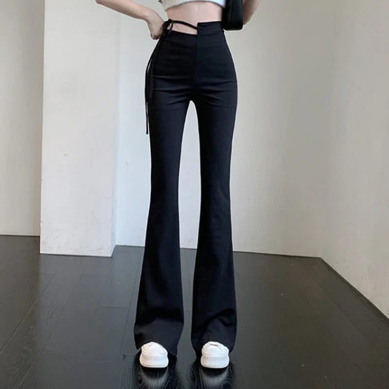 vmtvr Y2K High Waist Flared Pants Women Summer Fashion Lace Up Bodycon Pants Korean Streetwear All Match Female Black Trousers