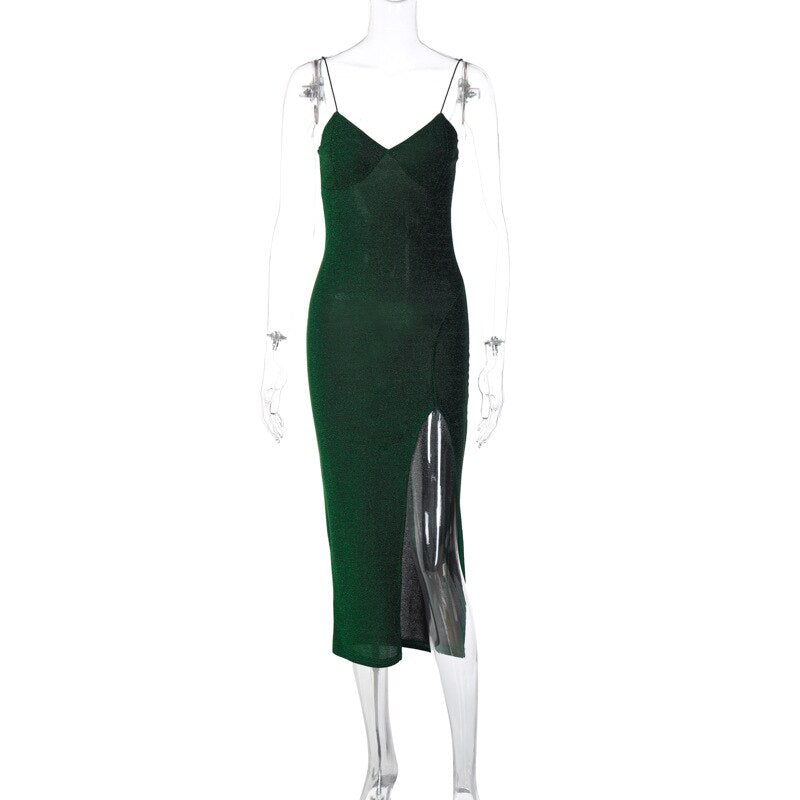 Spaghetti Straps Bodycon Backless Sexy Slit Long Dress Women Party Club Outfits  Summer Solid Holiday Slip Midi Dresses Green