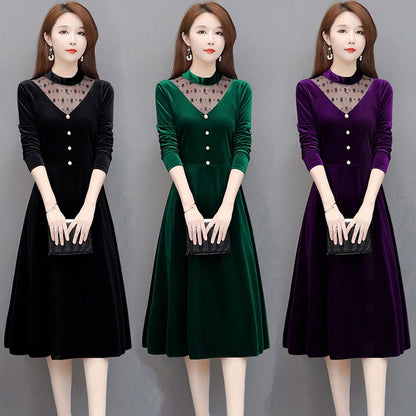 Women Autumn Winter Velvet A-Line Dress Office Lady Long Sleeve Party Lace Patchwork Midi Dresses Casual Elegant Vesitos Female