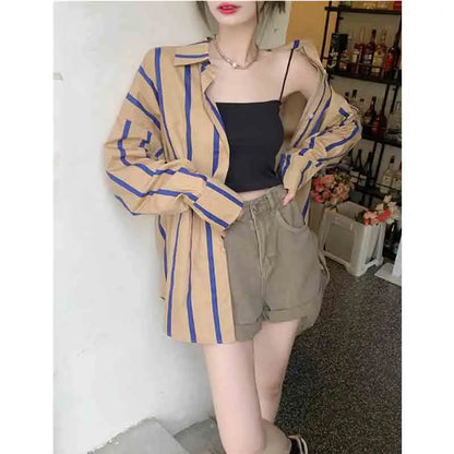 vmtvr Fashion Youth Women Clothing Striped Sunscreen Shirt Coat Spring Summer Korean Oversized Chic Pretty Long Sleeve Casual Blouse