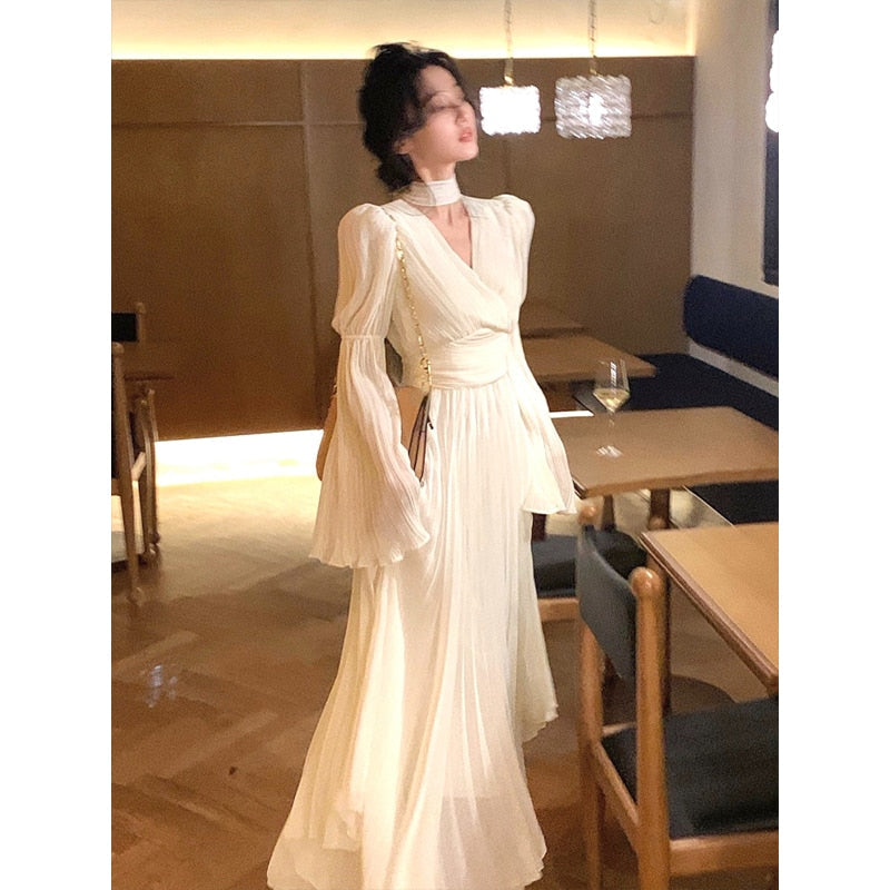 vmtvr -  Spring Elegant V-Neck Midi Dress Office Lady Long Sleeve Casual One Piece Dress Korean French Vintage Chiffon Dress Women