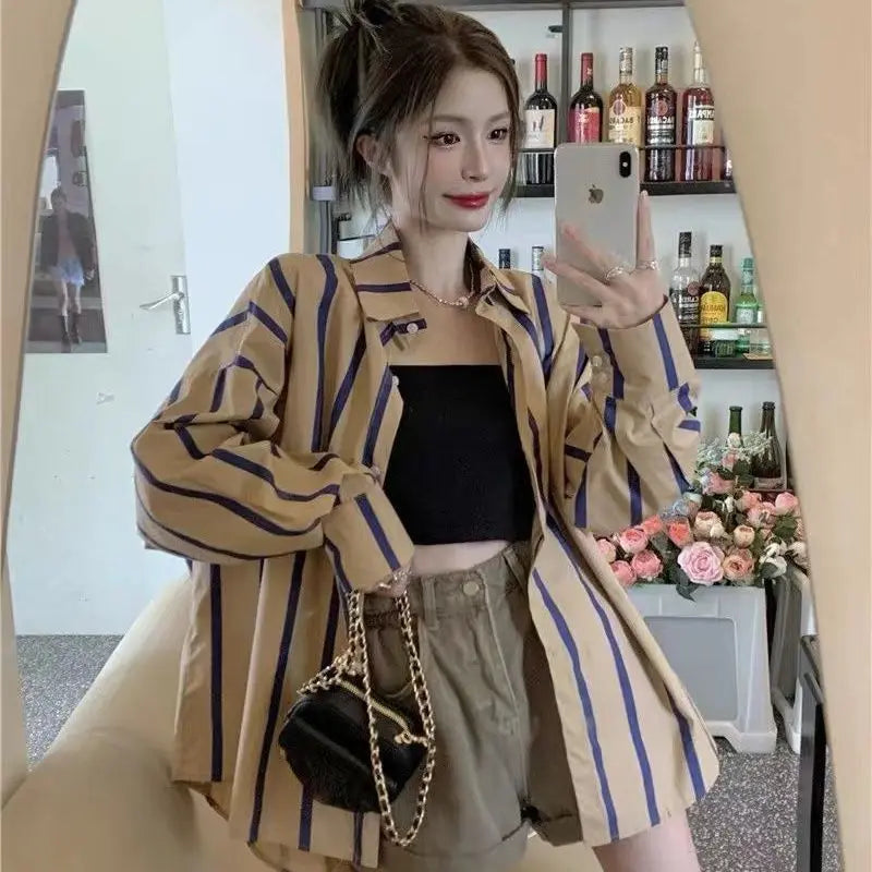 vmtvr Fashion Youth Women Clothing Striped Sunscreen Shirt Coat Spring Summer Korean Oversized Chic Pretty Long Sleeve Casual Blouse