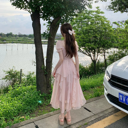 vmtvr  -  Summer Chiffon Fairy Dress Women Solid Elegant Party Midi Dress Female Casual Sweet Korean Fashion Pink Dress New Clothes