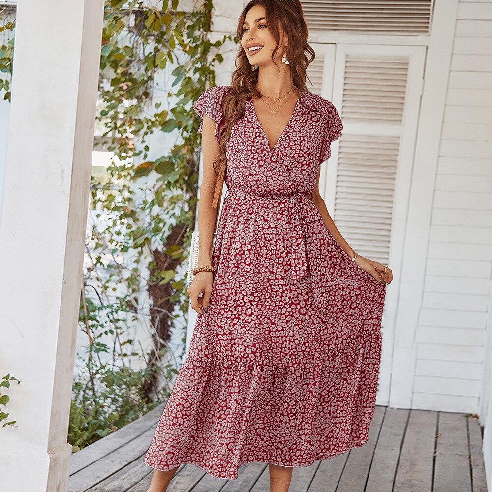 Sexy V-neck Print Lace-up Dress Casual Long Beach Dresses for Women Pink Boho Resort Ladies Maxi Dress