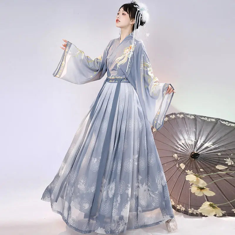 XL Chinese Hanfu Dress Women Carnival Cosplay Costume Ancient Traditional Hanfu Dress Green&Blue Print  Dance Dress Plus