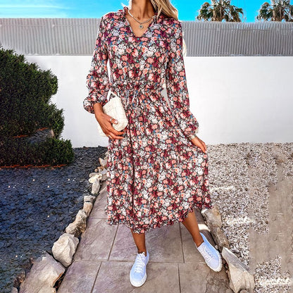 Spring Fashion Women Dress Floral Print Casual Beach V-Neck Elegant Long Sleeve Shirt Dresses Midi Vestido De Mujer Clothes