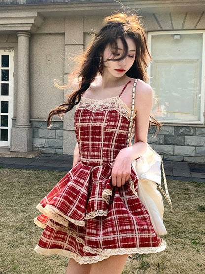 vmtvr - Kawaii Sweet French Princess Mini Dress Basic Sexy Red Plaid Strap Dress Y2k Bodycon Lace One Piece Dress Korean 2023 Summer