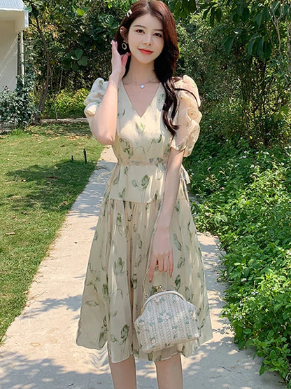 vmtvr 2024 New Green Floral Chiffon Puff Sleeve Midi Dress Summer Boho Elegant Bodycon Dress Women Korean Vintage Cheap Casual Dresses