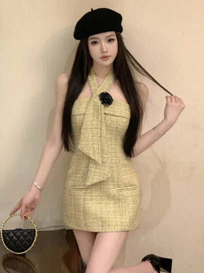 vmtvr  -  High Quality Designer Hanging Neck Hotsweet Sexy Dresses For Women Summer Sweet Fashion 3D Flower Tweed Mini Party Dress