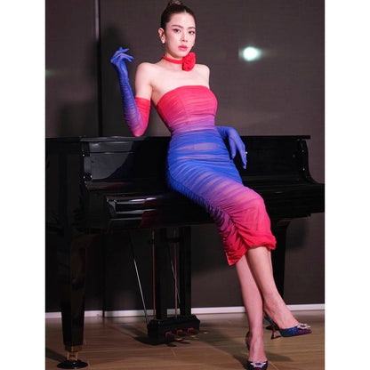 Mesh Gradient Patch Women's Dress Modified Bodycon Strapless Split Double Layer Midi Vesidos Party Club Evening Dress