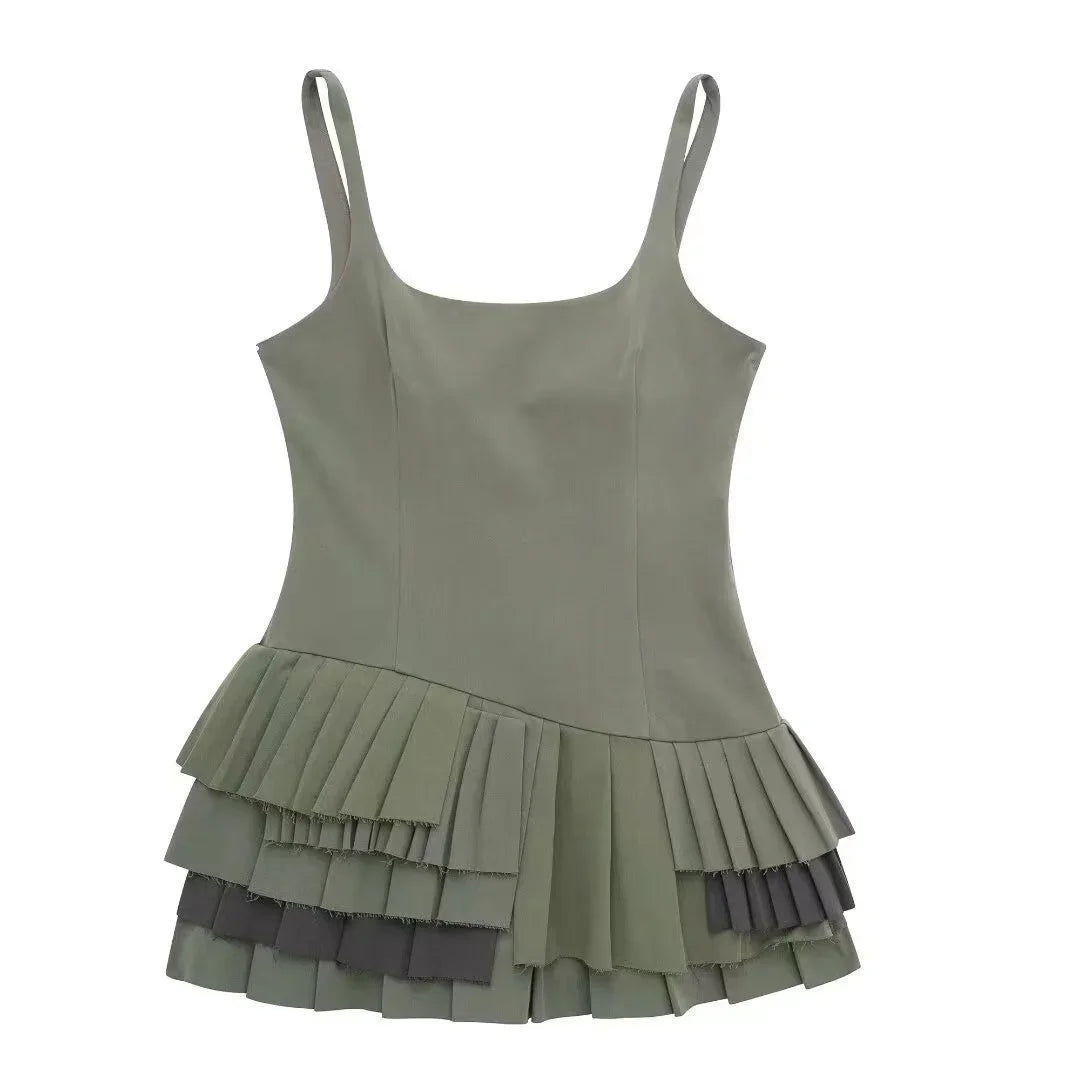 vmtvr 2024 Elegant Pitch Green Slip Dress Women Fashion Square Collar Sleeveless Mini Dress Female Spring Summer Lady Pleated Vestidos