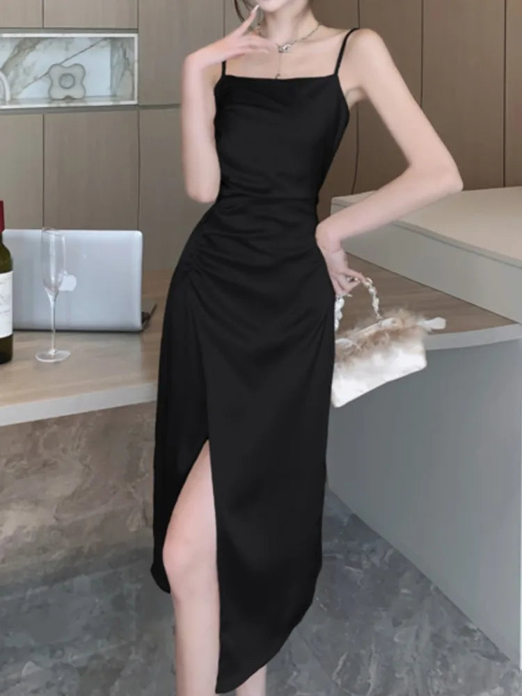 vmtvr Spaghetti Strap Bodycon Slim Women Summer Dress Sleeveless Sexy Satin Party Birthday Robe Female Solid Chic Clothes Vestidos