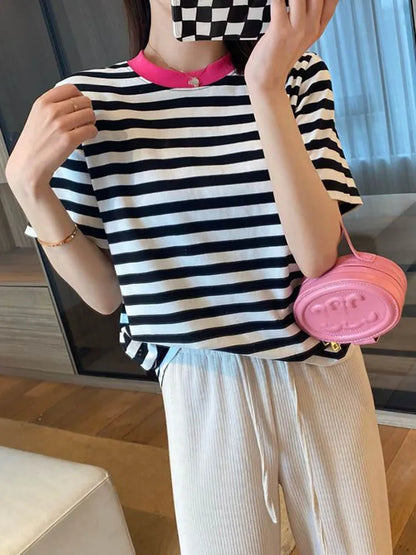 vmtvr Summer Women's T-shirt Black White Stripe O Neck Shirts Top Short Sleeve Lady Stretch Knit Fashion Casual Cotton Tees for Women