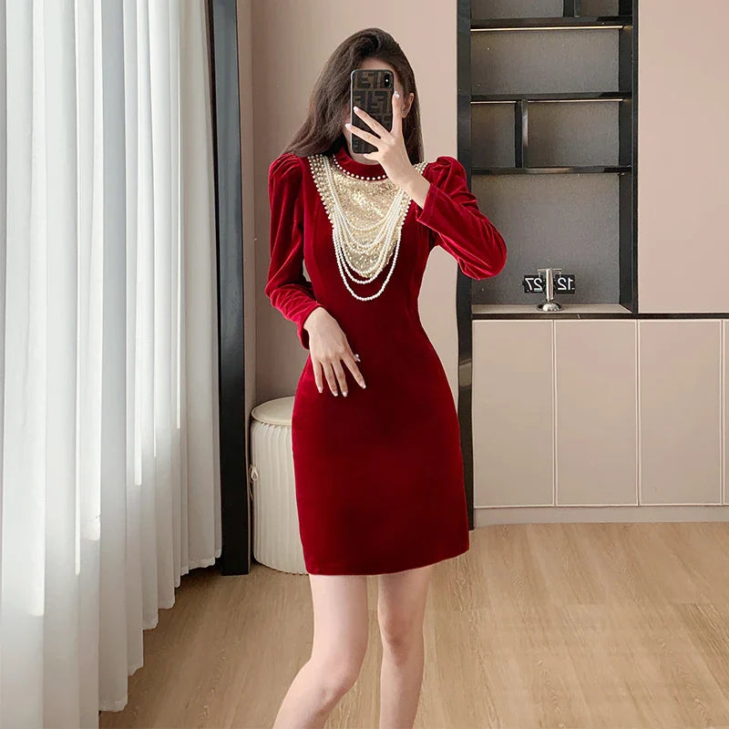 vmtvr  -  Fashion French Beading Necklace Sequin Red Velvet Party Dress Fall Winter Women Stand Collar Split Bodycon Mermaid Long Clothes