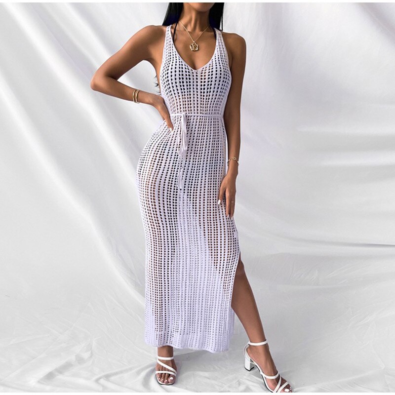 New Sexy Hollow Fishnet Mesh Maxi Knit Dress Women Party Club See Through Bodycon Long Dresses Summer Beach Holiday Outfits