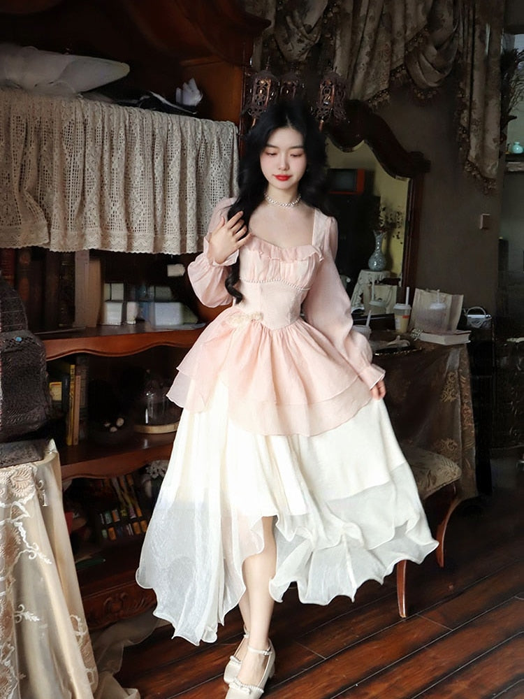 Long Sleeve Fairy Midi Dress Woman Casual Sweet Korean Fashion Dress Beach Party  Summer French Elegant Solid Dress Chiffon