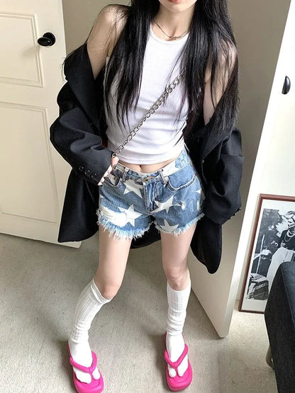 vmtvr Star Print Summer Denim Shorts Women Y2k Ripped Low Wasit Jean Shorts Female Streetwear American Retro Hotsweet Bottoms