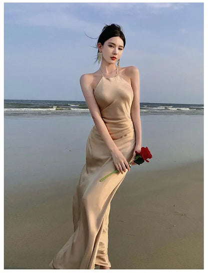 vmtvr Champagne Halter Pleated Backless Long Dress Summer New Elegant Fashion Evening Party Ladies Vintage Dresses Female Clothes