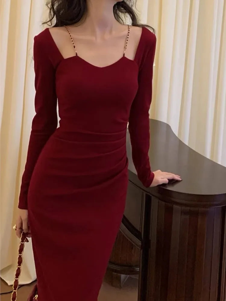 vmtvr Sexy Women Bodycon Slim Midi Dress Autumn Casual Black Red Evening Party Club Chic Vestidos Female Birthday Robe Clothings