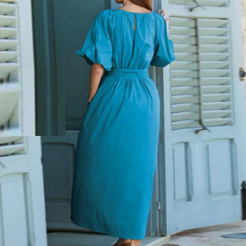 vmtvr 2024 Spring Summer Puff Short Sleeve Boho Dress Women Casual O Neck Back Hollow Party Dress Vintage Solid Loose Beach Long Dress