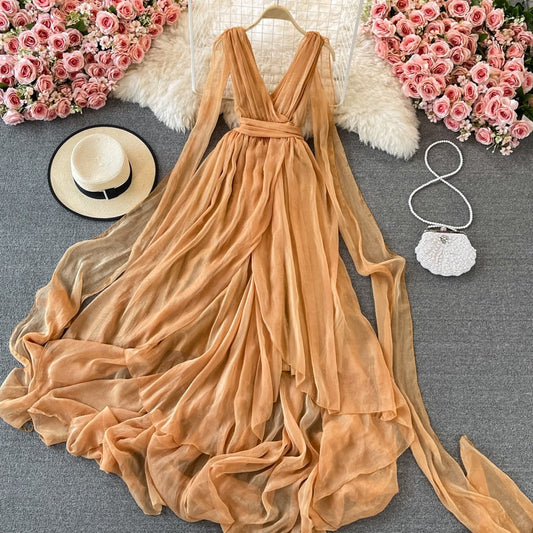 vmtvr - Autumn Khaki/White Bandage Chiffon Long Dress Sexy Deep V-Neck Sleeveless High Waist Vestidos Vacation Beach Maxi Robe  New