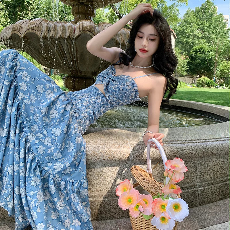 vmtvr Women Elegant Blue Floral Print Sleeveless Backless Long Slip Dress Sexy Summer Sweet Birthday Party Club Pleated Dress Y2k