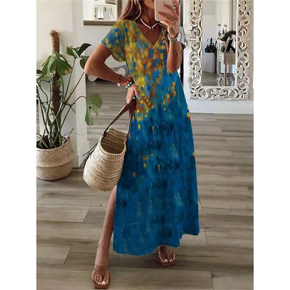 vmtvr Vintage Print Maxi Dress Women  Summer Elegant V Neck Short Sleeve Loose Split Casual Dress Female Party Boho Beach Vestidos