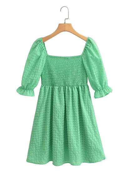 vmtvr   -  Gingham Print Square Collar Green Summer Short Dress A-line Cute Puff Sleeve Fashion Pink Back Smocked Mini Beach Dress