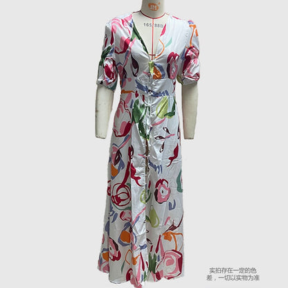 vmtvr - Dresses For Women  Summer Sexy Print Long Maxi Dress Ladies Elegant Button Up Boho Floral Ruffles Pink Robe Vestidos