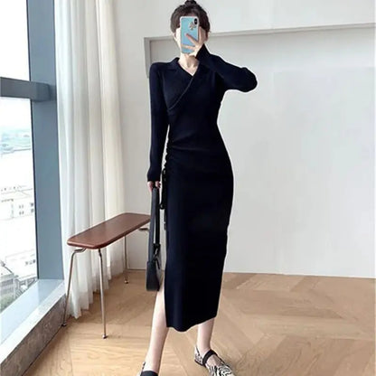 vmtvr Woman Knitted Long Dress Autumn Winter New Sexy Lapel Elegant Commuter Drawstring Waist Slim Bottom Dress Women's Clothing