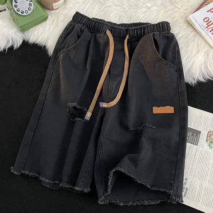 vmtvr Women Ripped Denim Shorts Summer Korean Fashion Tassels Loose Wide Leg Pants Casual Streetwear Female High Waist Shorts