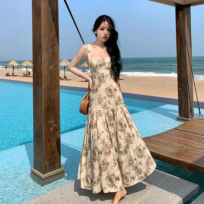 vmtvr Rose Floral Printing  Ruffles Slip Long Dresses Bohemian Backless Sleeveless Women Summer Beach Travel Party Wear Ladies Vintage