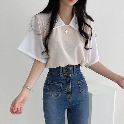 -Summer Academy Style Color Blocking Polo Collar Top Fake Two-piece Short Sleeve T-shirt Women Lazy Loose Casual Versatile Blouse