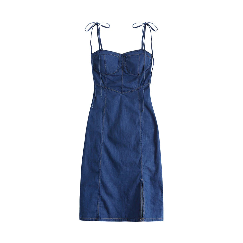 vmtvr Vintage Women Blue Elegant Denim Bandage Slip Dress High Waist Sleeveless A-line Split Jean Midi Dresses Summer Backless Fashion