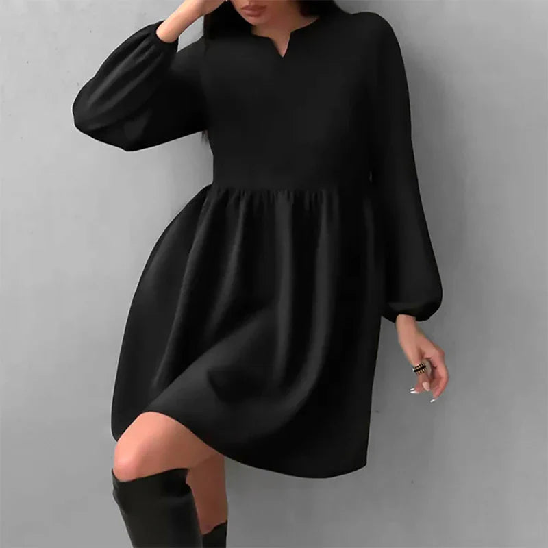 vmtvr Elegant O-neck Long Sleeve Waist Party Dress 2024 Spring Summer Casual Loose Mini Dress Women Fashion Pleated Solid A-Line Dress