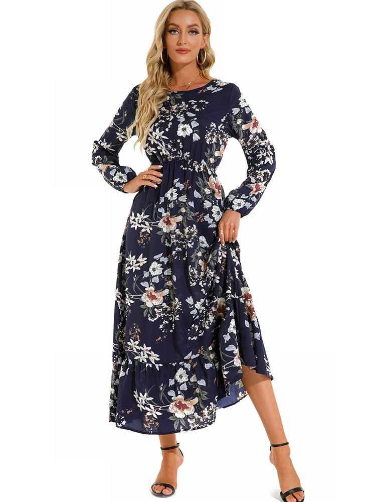 vmtvr - Elegant Floral Print Women Dress Spring Summer Casual O Neck Long Sleeve Chiffon A Line Long Maxi Dress Party Vestidos