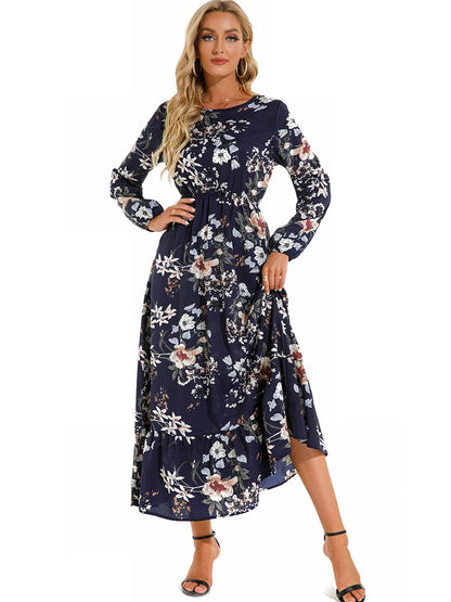 vmtvr - Elegant Floral Print Women Dress Spring Summer Casual O Neck Long Sleeve Chiffon A Line Long Maxi Dress Party Vestidos