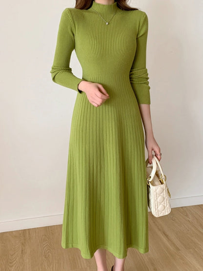 vmtvr - Autumn Winter Slim Long Sleeve Party Midi Dress for Women Knitted Half High Collar Elegant Knitted Sweater Dresses Ladies