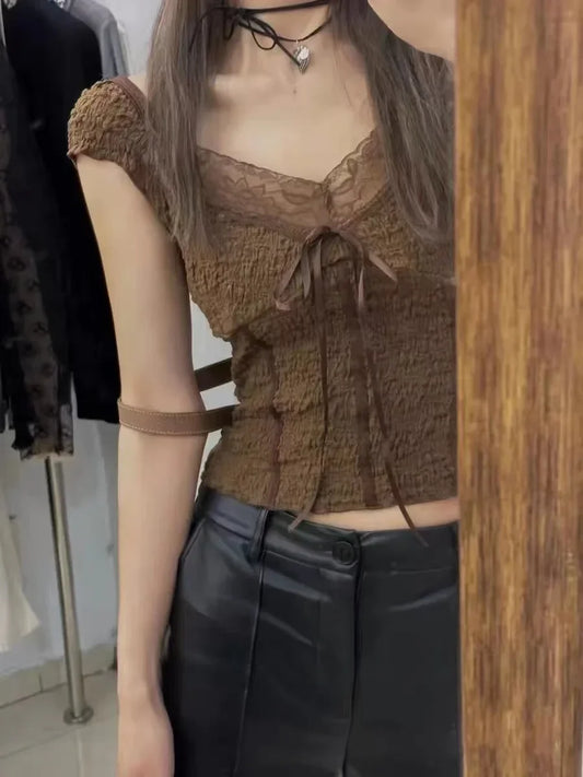 vmtvr Women Vintage Brown Lace T Shirt 2024 Summer Sexy V Neck Short Sleeve T-shirts Sweet Femals Cute Bow Slim Tees Y2K Tops