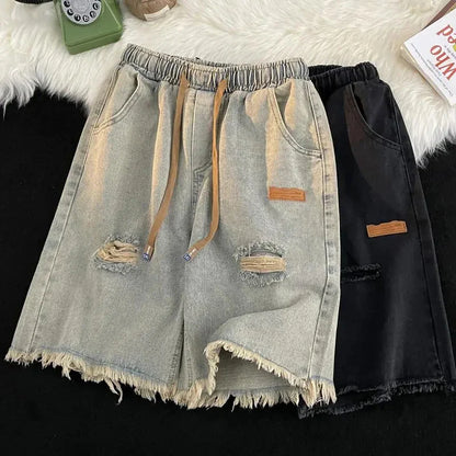 vmtvr Women Ripped Denim Shorts Summer Korean Fashion Tassels Loose Wide Leg Pants Casual Streetwear Female High Waist Shorts