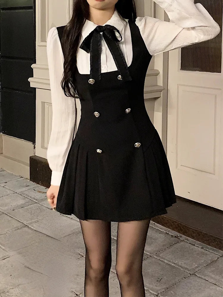 vmtvr Autumn Fake Two Dress Women Slim Chic Long Sleeve Bow Casual Y2k Mini Dress Female Korean Fashion Elegant Short Party Dress